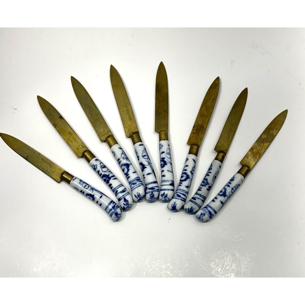 8 Antique Stahl Bronce‎ Germany Porcelain Handle Floral Bronze Fruit Knives
